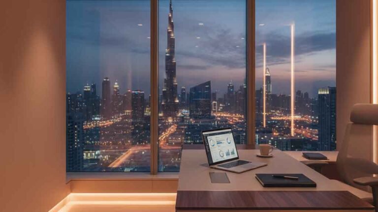 Luxury real estate advisor Dubai office view with Burj Khalifa skyline at dusk.