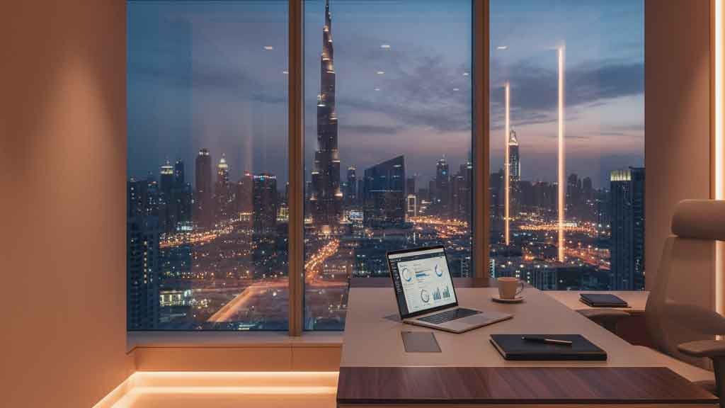 Luxury real estate advisor Dubai office view with Burj Khalifa skyline at dusk.