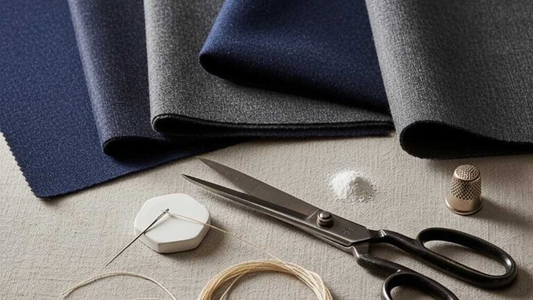 Luxury tailoring fabrics and tools arranged in a flat-lay to represent the most expensive suits in the world 2025.