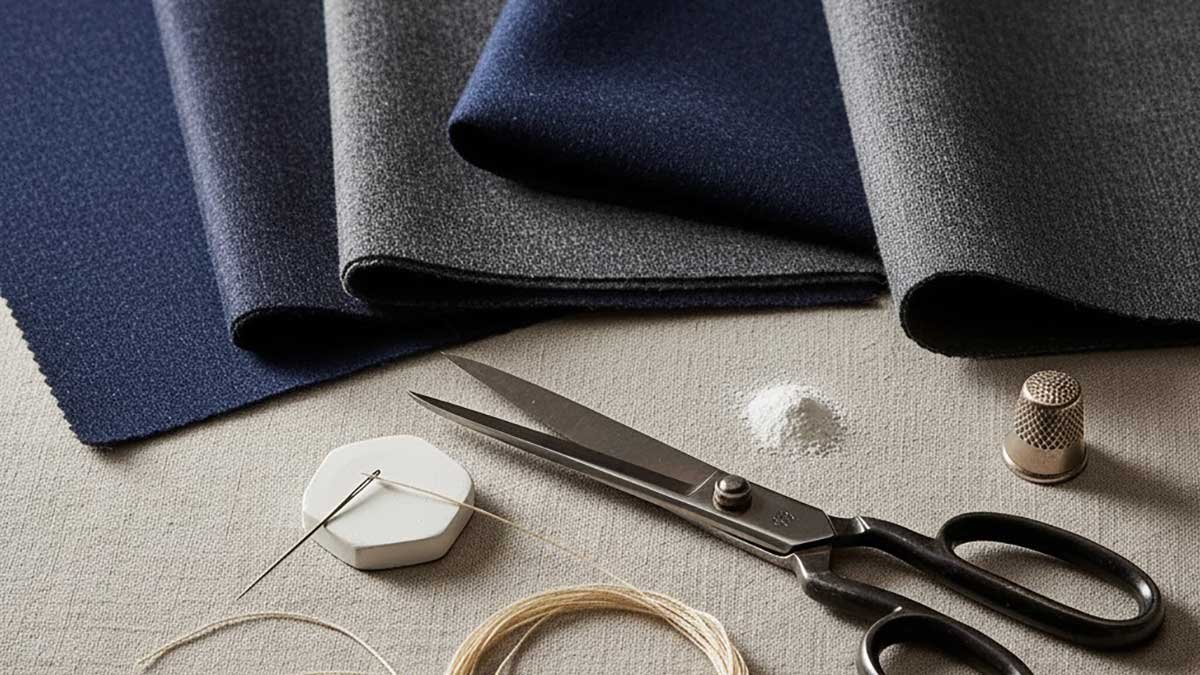 Luxury tailoring fabrics and tools arranged in a flat-lay to represent the most expensive suits in the world 2025.